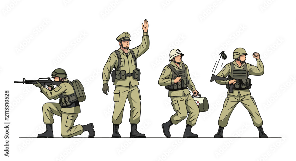 Obraz premium Military Soldiers Squad. Infantry Combat Team. Tactical Action Figures. Vector Illustration.