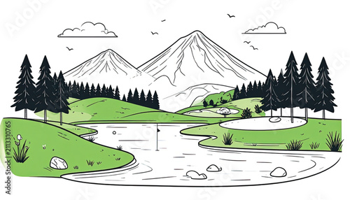 Whimsical cartoon landscape with bright green rolling hills, stylized trees, and small flowers. Simple, clean vector art.