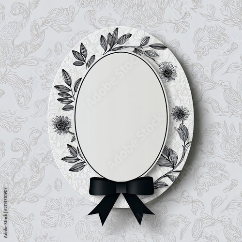 Elegant Black White Vector Funeral Card with Floral Frame, Bold Bow, and Subtle Background Pattern