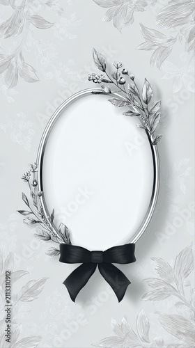 Elegant Black White Vector Funeral Card with Ornate Oval Frame, Leaf Accents, and Bold Black Bow on Subtle Background