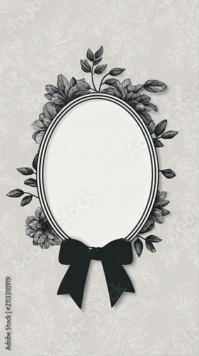 Elegant Black White Vector Funeral Card with Floral Frame, Central Oval, and Bold Bow on Subtle Background