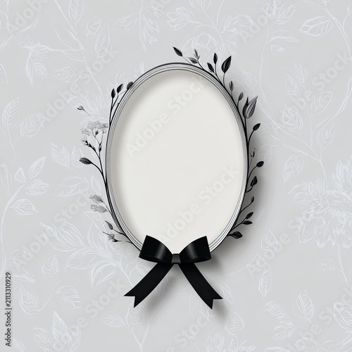 Elegant Black White Vector Funeral Card with Central Oval Frame, Floral Accents, and Bold Black Bow on Subtle Background