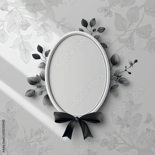 Elegant Black White Vector Funeral Card with Oval Frame, Leaf Accents, and Bold Bow on Subtle Background