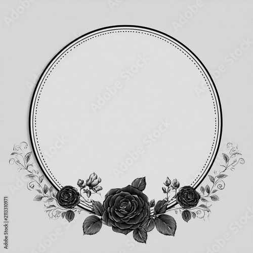 Elegant Black White Vector Funeral Card with Central Oval Frame, Detailed Rose Accents, and Subtle Background Texture