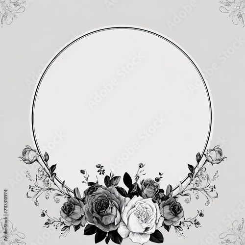 Elegant Black White Vector Funeral Card with Floral Arrangement, Central Oval Frame, and Subtle Background Pattern