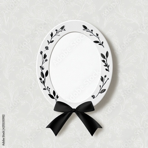 Elegant Black White Vector Funeral Card with Floral Border, Central Oval, and Bold Bow on Subtle Patterned Background