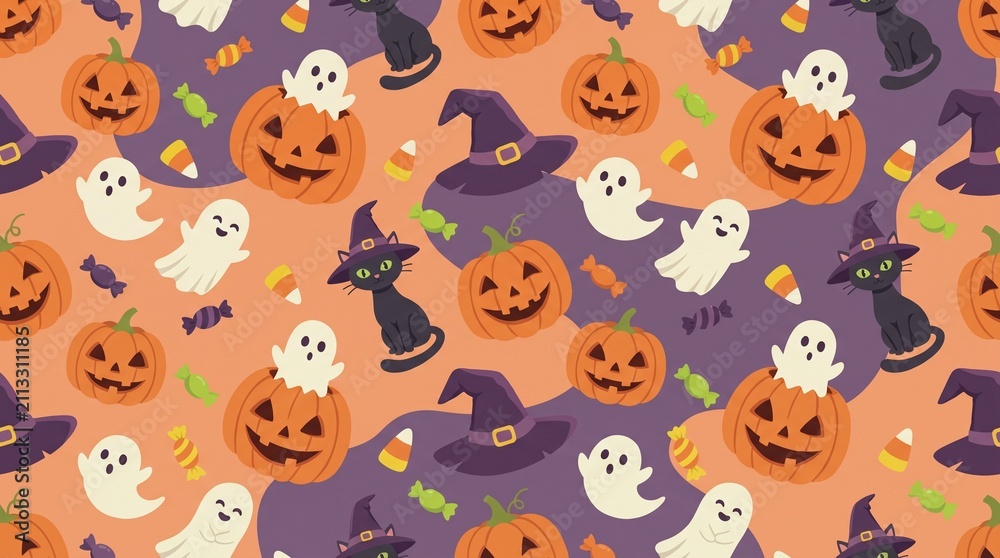 Fototapeta premium Cute Halloween Seamless Pattern with Black Cats, Ghosts, Pumpkins, Witch Hats, and Candies for Commercial Wrapping