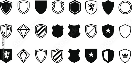 Set of black and white shield icons and security symbols Vector