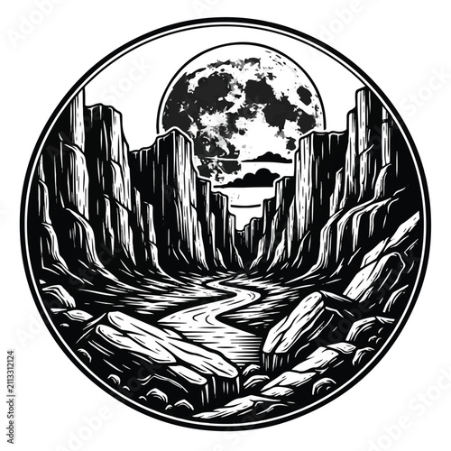 Foto Black and white moon over rocks.