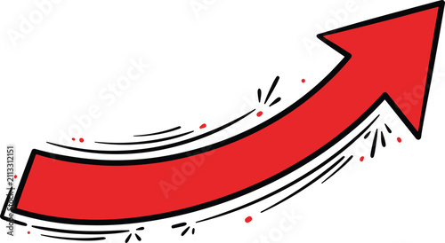 Red hand drawn arrow, upward growth curve, comic style business success vector