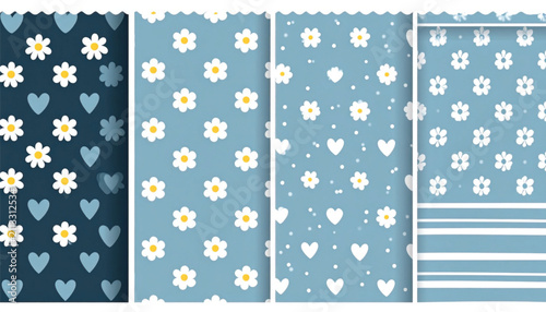 Cute Daisy Flowers and Light Blue Hearts on Dark Navy Blue Background, Seamless Pattern, Vector Illustration