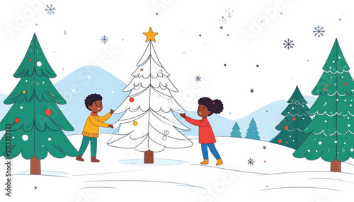 Whimsical Christmas Tree in Snow with Ornaments and Festive Decorations