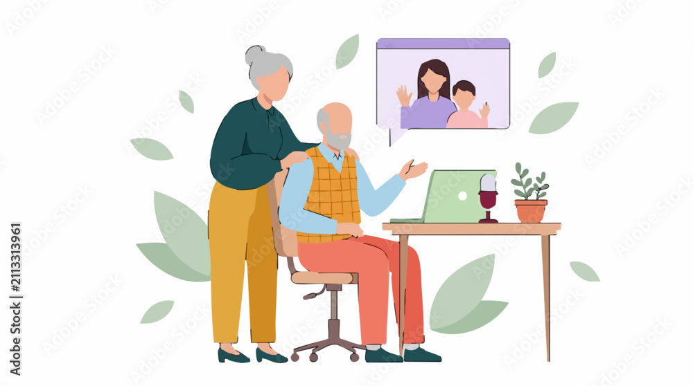 Fototapeta premium Senior couple video calling family, staying connected digitally