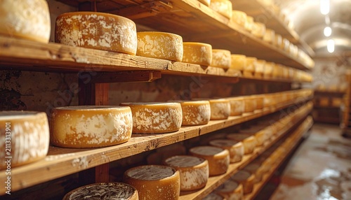 Numerous artisanal cheese wheels aging on rustic wooden shelves inside a dimly lit, traditional cheese cellar, highlighting the time-honored process of dairy maturation