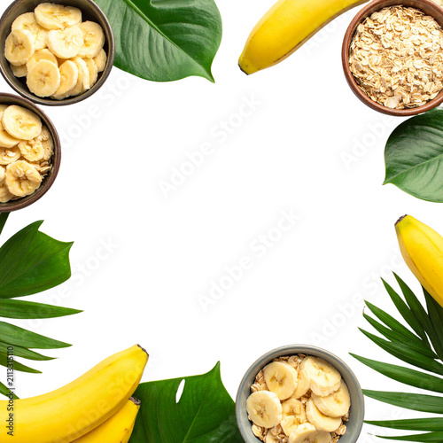 Fruit and oat cereal on a white background.