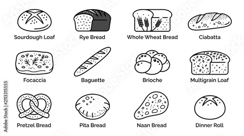 Bild auf Leinwand Illustrated Collection of Various Bread Types and Rolls.