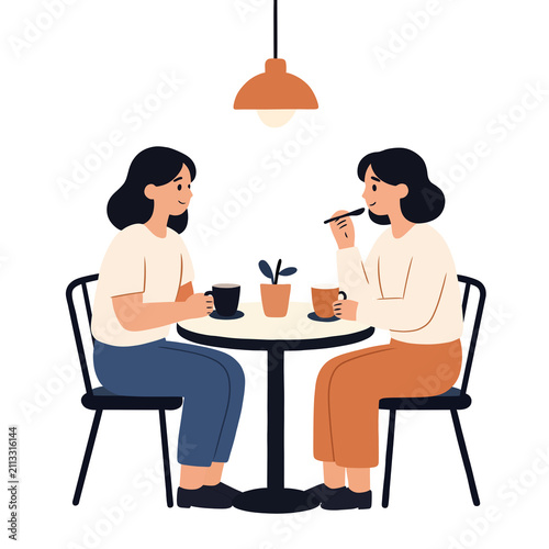 Two women enjoying coffe together in cozy cafe friendship and conversation illustration 