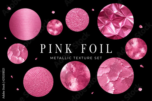 Pink foil texture set with metallic circle background rose shiny collection