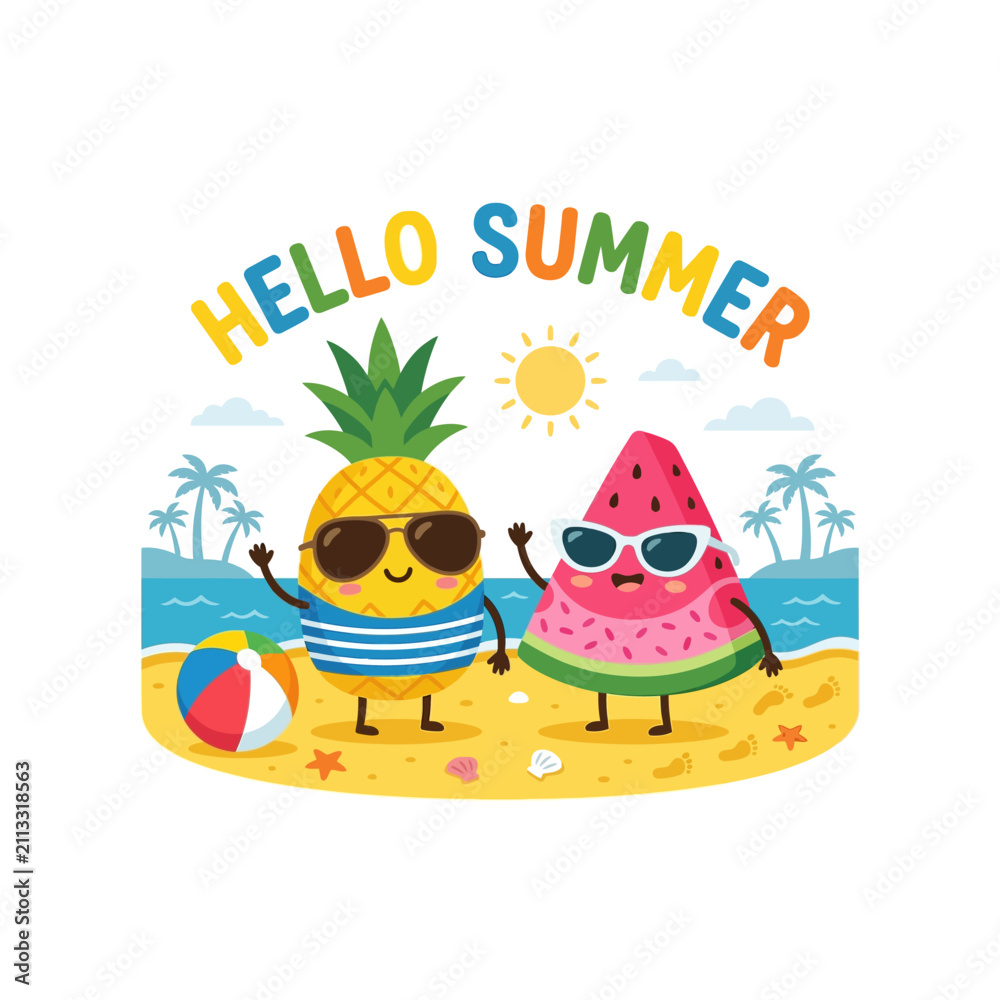 Fototapeta premium Cute cartoon pineapple and watermelon characters enjoying a sunny day on the beach.