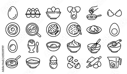 Obraz na płótnie Egg Cooking Icon Set with Fried Egg Boiled Egg Yolk and Whisking Process Vector