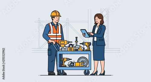 Construction Manager and Worker. Professional Flat Illustration. Industrial Vector Art. Site Planning