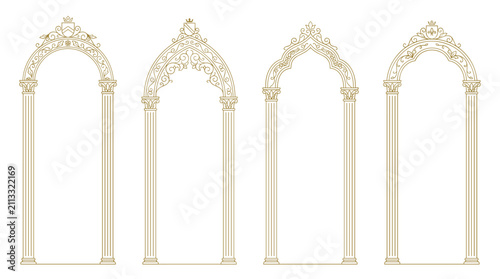 Set of four victorian baroque ornamental frames with decorative arches, elegant vintage border elements, intricate scrollwork, luxury flourish design
