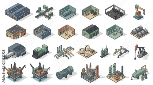 Detailed isometric illustration displaying various industrial buildings and machinery including factories chemical plants and