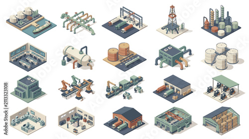 Comprehensive industrial infrastructure and manufacturing facilities with various machinery and storage units illustrating