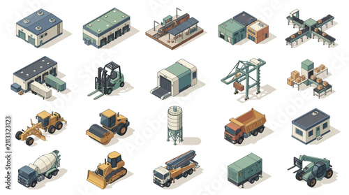 Isometric warehouse and industrial equipment including trucks construction machinery and storage tanks in a detailed digital