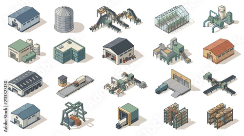 Illustration of diverse industrial buildings, warehouses, greenhouses, storage facilities, and manufacturing plants arranged in