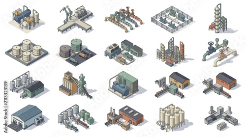 Diverse industrial and manufacturing facility illustrations showcasing various machinery and building layouts for advanced