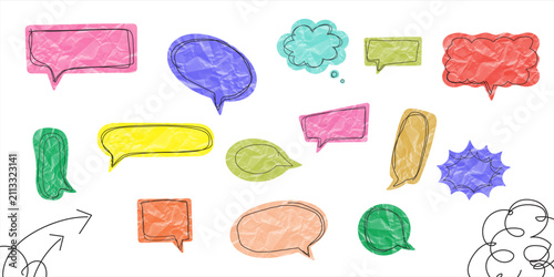 Hand drawn crumpled paper speech bubble collection with colorful textured chat boxes for messages comments and dialogue