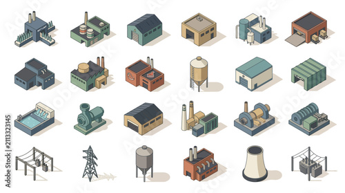 Collection of Industrial Buildings and Infrastructure Components in a Digital Illustration
