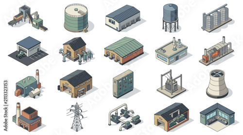 Comprehensive illustration of various industrial and infrastructural facilities showcasing diverse building types and utility