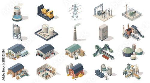 Diverse industrial and energy infrastructure facilities including power plants, factories, and electrical transmission towers in