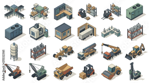 isometric illustration of industrial warehouse and construction equipment with storage tanks, machinery, vehicles, and