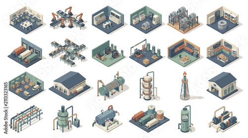 Comprehensive isometric illustrations of various interior spaces including offices laboratories and industrial facilities