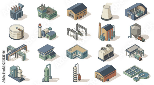 Comprehensive collection of industrial and manufacturing facilities including power plants factories and processing units in