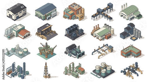 illustration of diverse manufacturing and industrial facilities with detailed machinery and production units designed in