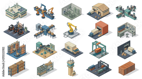 Comprehensive collection of industrial and manufacturing equipment including robots, packaging machines, storage units, and