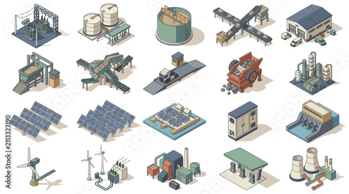 Comprehensive industrial and renewable energy infrastructure including solar panels wind turbines and manufacturing facilities