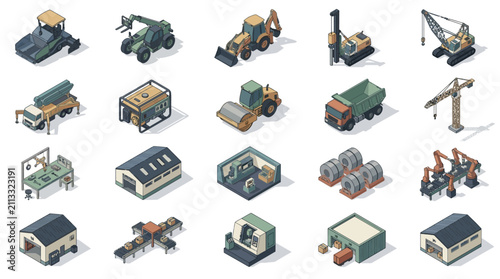 Collection of construction equipment and industrial machinery icons for engineering project design and technical illustrations