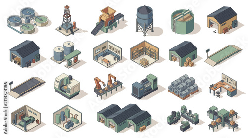 Comprehensive collection of isometric industrial and agricultural buildings with machinery and infrastructure elements