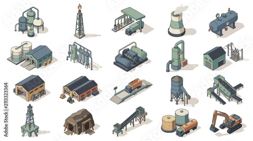 Comprehensive illustration of various industrial and manufacturing facilities including factories power plants and construction