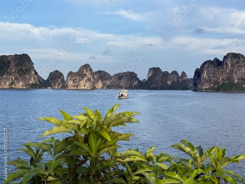 Obraz na plátně A panoramic view showcases several cruise boats sailing gracefully around the towering limestone karsts of Ha Long Bay, Vietnam, highlighting its natural grandeur and iconic seascape
