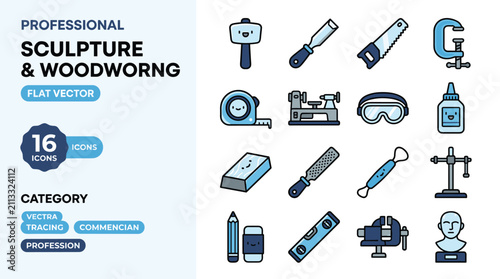Tableau sur toile Flat Vector Icons Representing Sculpture and Woodworking Tools and Craftsmanship