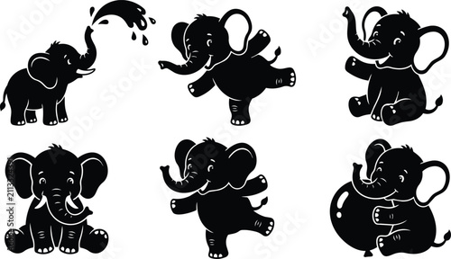 Canvas Print Set of six playful elephant vector silhouettes in various poses