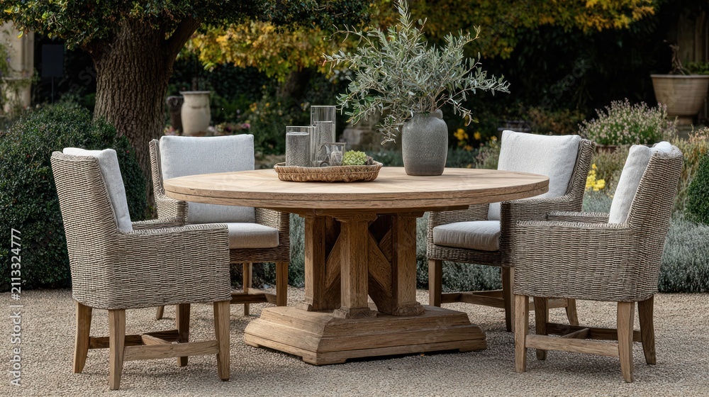 Fototapeta premium Elegant Outdoor Dining Set with Round Wooden Table and Woven Chairs in a Lush Garden Setting.