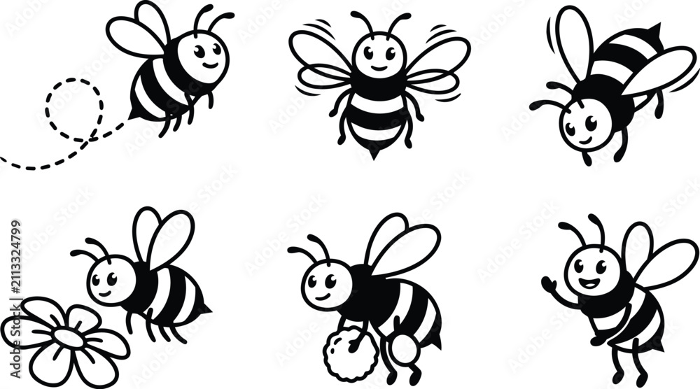 Obraz premium Six cartoon bees with flowers in playful poses and honeycomb shapes