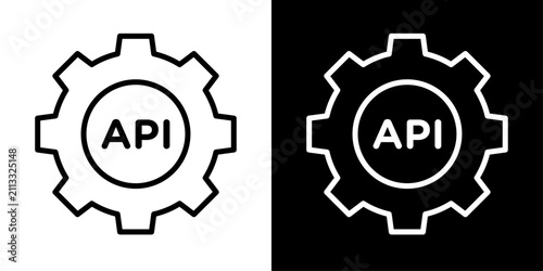 Modern API gear outline icon representing application programming interfaces, software integration, automation, web services, developer tools, and system connectivity for web and mobile interfaces.